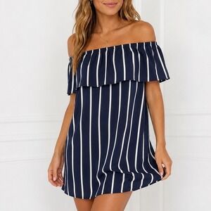 Sydney Rose Womens XL Navy Blue White Striped Off Shoulder Ruffle Mini Dress